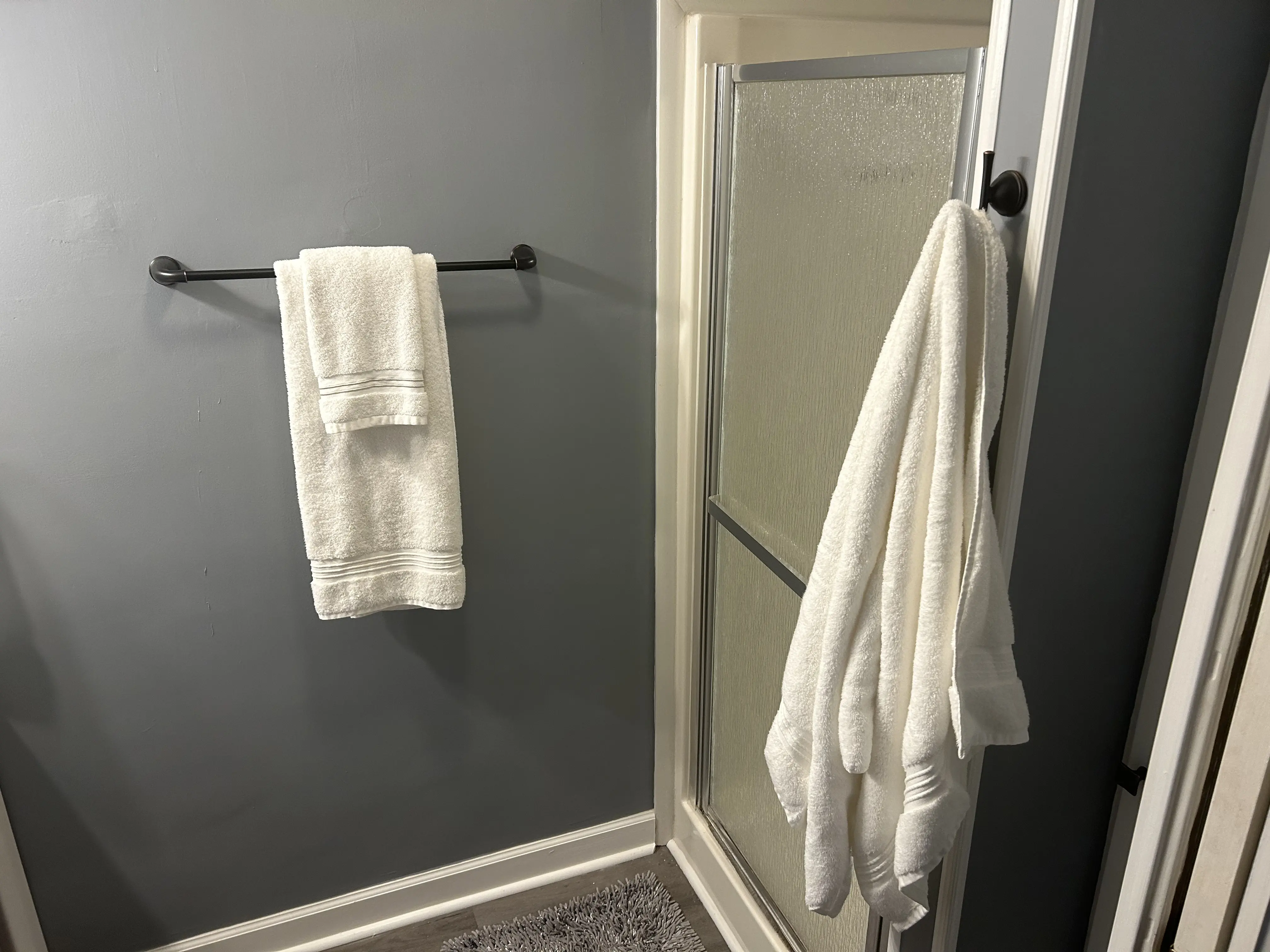 Towel bar and towel hook both having towels hanging on them